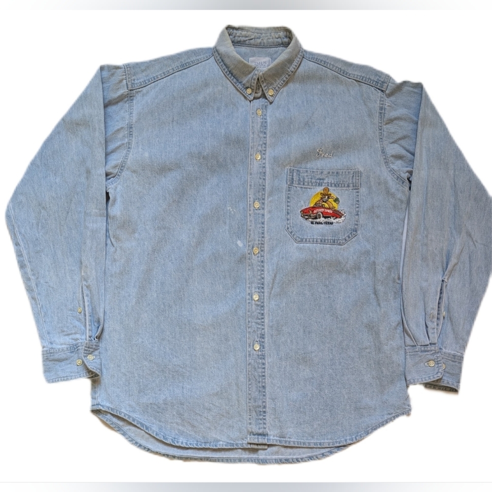 Vintage 90s Denim Automotive Work Shirt, Large, Embroidered Patch Texas Made USA